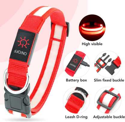Bright & Stylish Adjustable LED Dog Collar - USB Rechargeable Safety for Your Pup (Medium, Red)