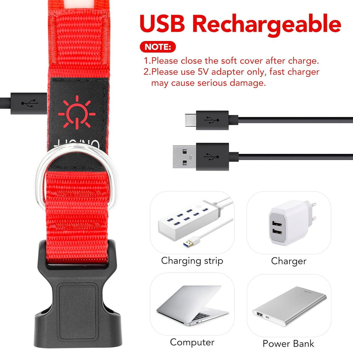 Bright & Stylish Adjustable LED Dog Collar - USB Rechargeable Safety for Your Pup (Medium, Red)