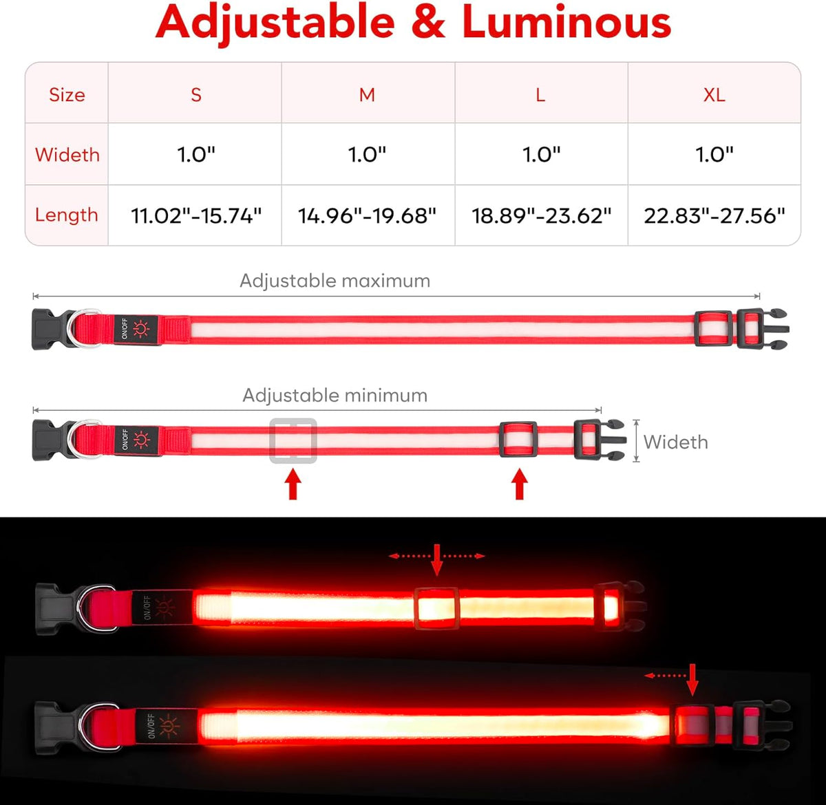 Bright & Stylish Adjustable LED Dog Collar - USB Rechargeable Safety for Your Pup (Medium, Red)
